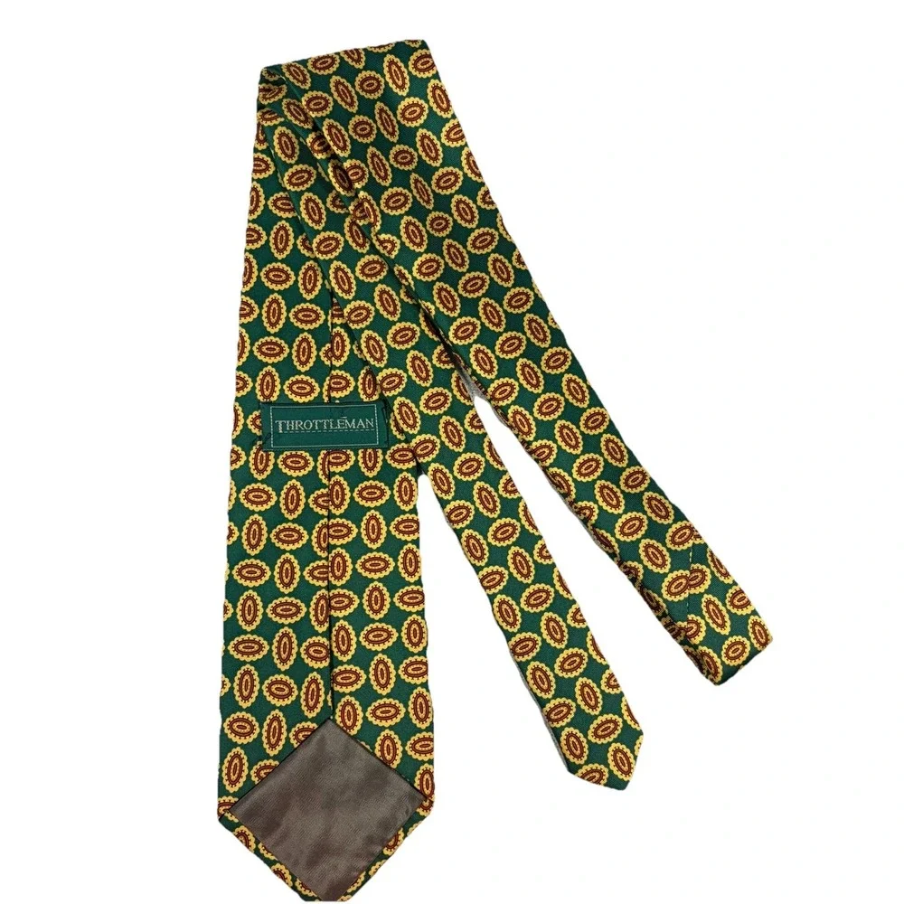 Throttleman‎ England Silk Tie Vintage Green Yellow Geometric Designer Necktie